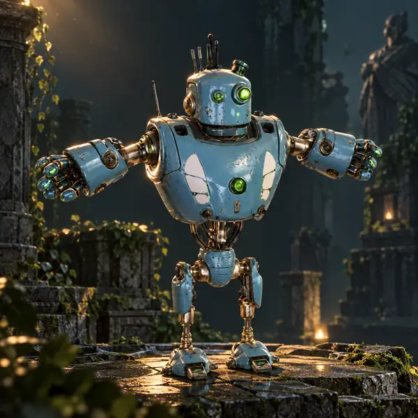 A detailed robotic guardian model in a dark 3D showcase.