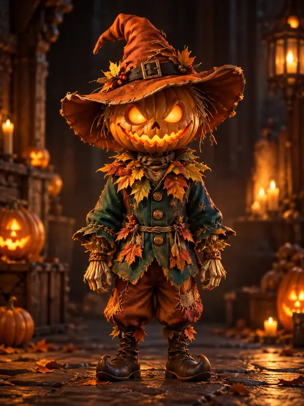 A playful pumpkin-themed fantasy model in a dark 3D gallery.