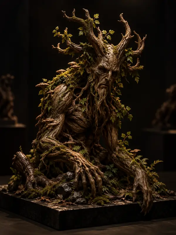 A sculptural forest sentinel character displayed on a dark gallery tile.