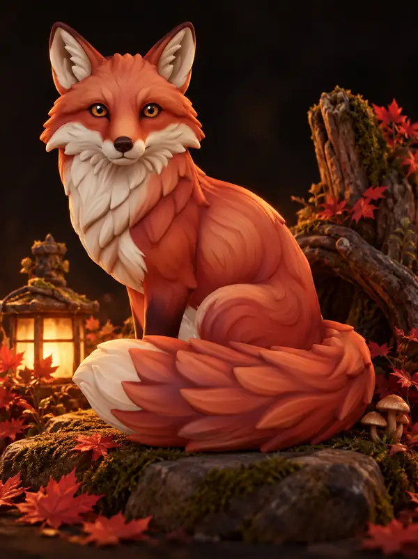 A stylized fox character model presented in a dark showcase.