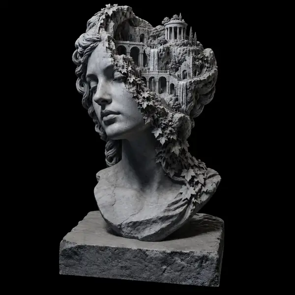An intricate stone sculptural bust, shown as a three-dimensional model in a dark workspace.