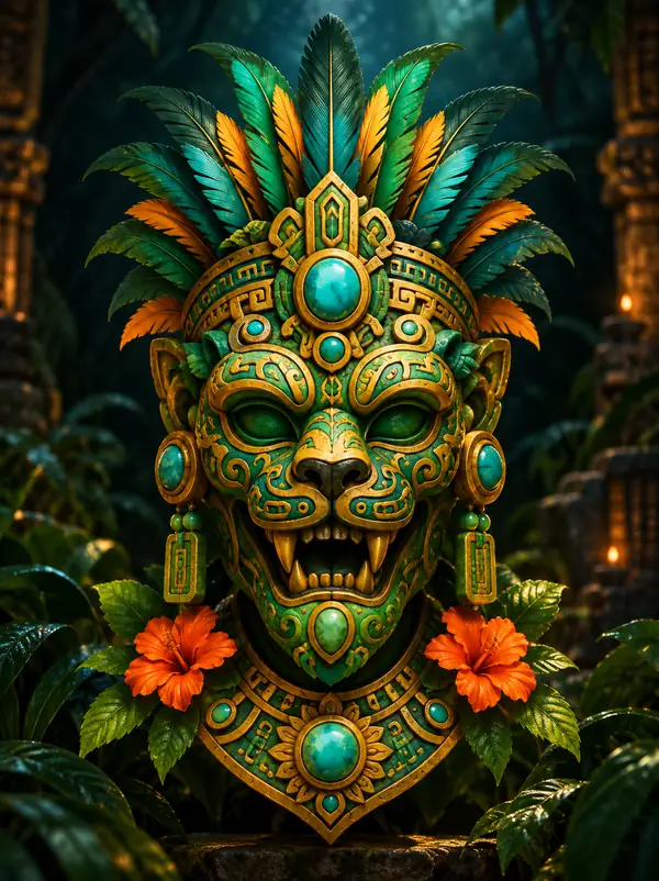 An ornate carved mask with vivid details shown as a 3D model.